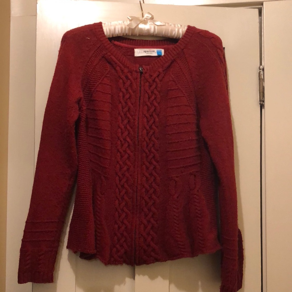 Anthropology sparrow peplum zip front sweater M